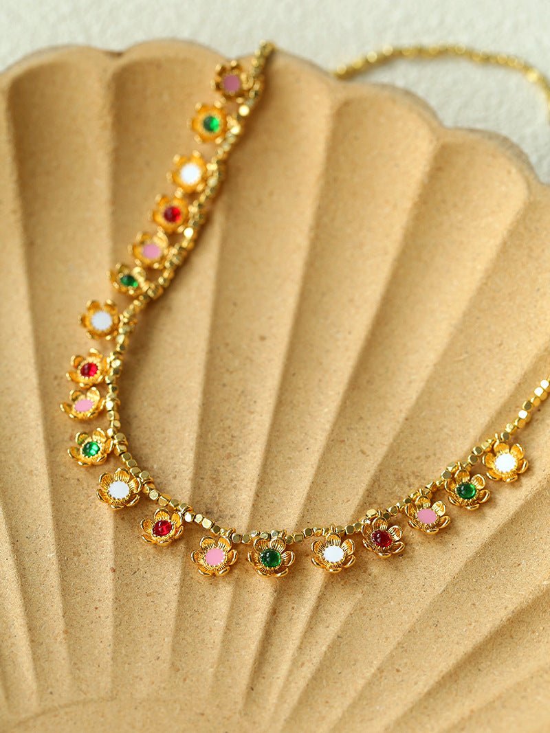 Monet’s Garden Necklace – Faceted Golden Ore or Gold Beads with Enamel Flower Pendants - floysun