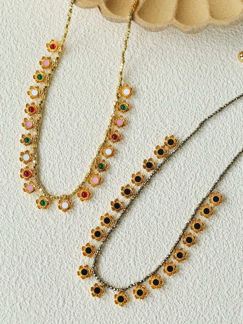 Monet’s Garden Necklace – Faceted Golden Ore or Gold Beads with Enamel Flower Pendants - floysun