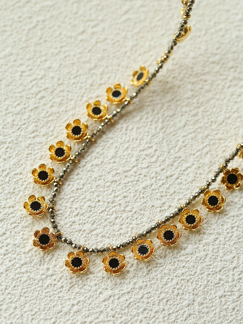 Monet’s Garden Necklace – Faceted Golden Ore or Gold Beads with Enamel Flower Pendants - floysun