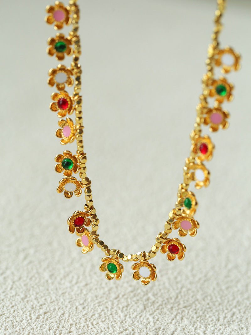 Monet’s Garden Necklace – Faceted Golden Ore or Gold Beads with Enamel Flower Pendants - floysun