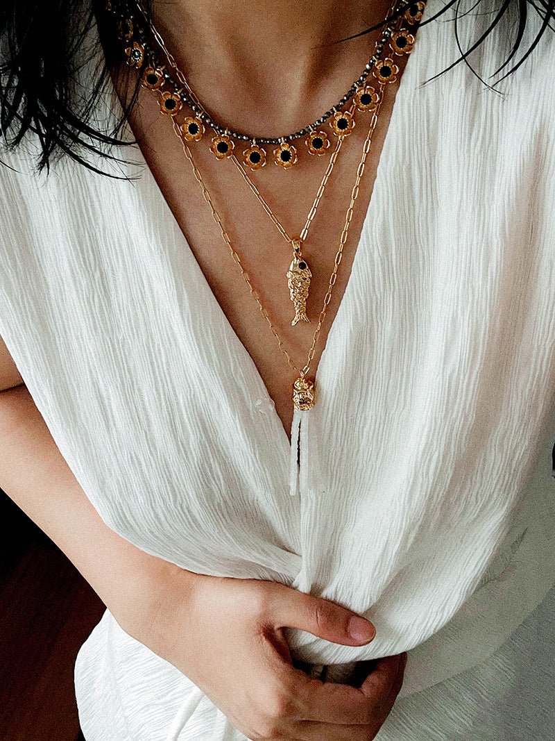 Monet’s Garden Necklace – Faceted Golden Ore or Gold Beads with Enamel Flower Pendants - floysun
