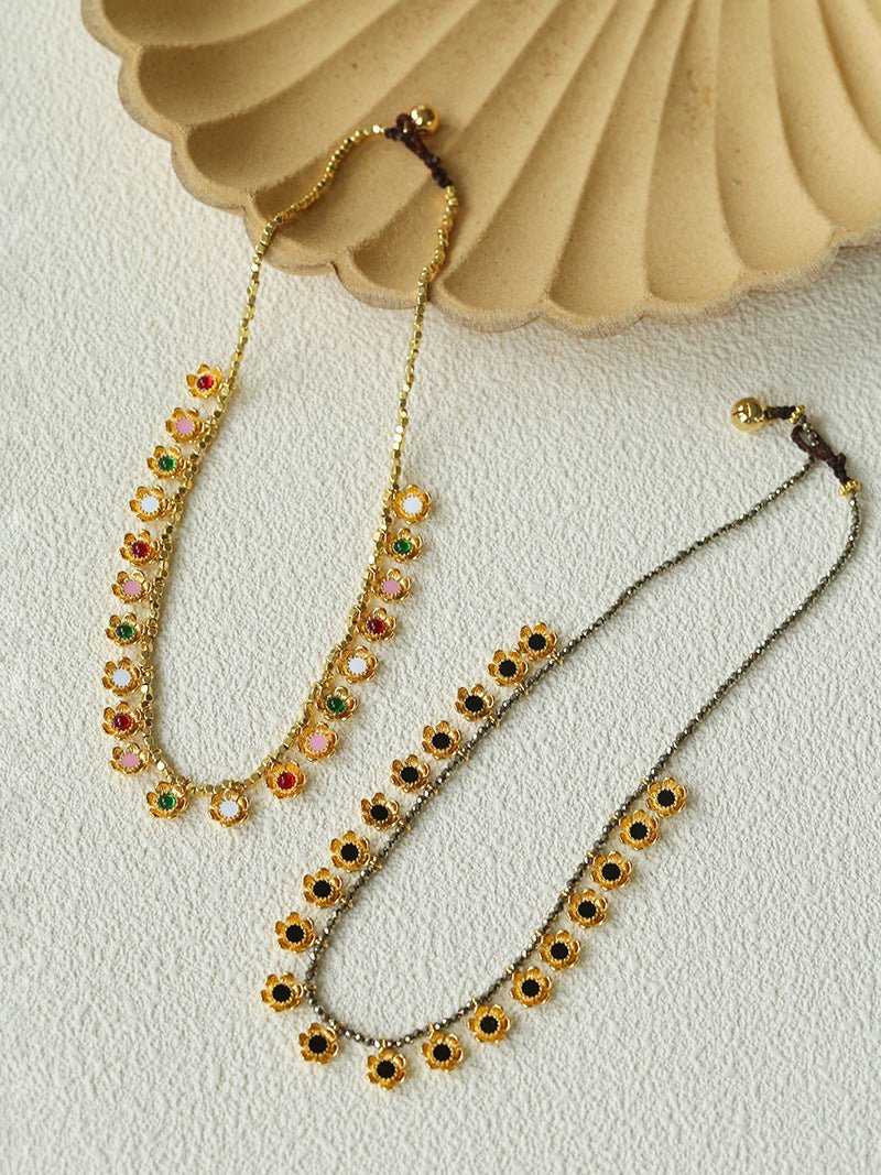 Monet’s Garden Necklace – Faceted Golden Ore or Gold Beads with Enamel Flower Pendants - floysun