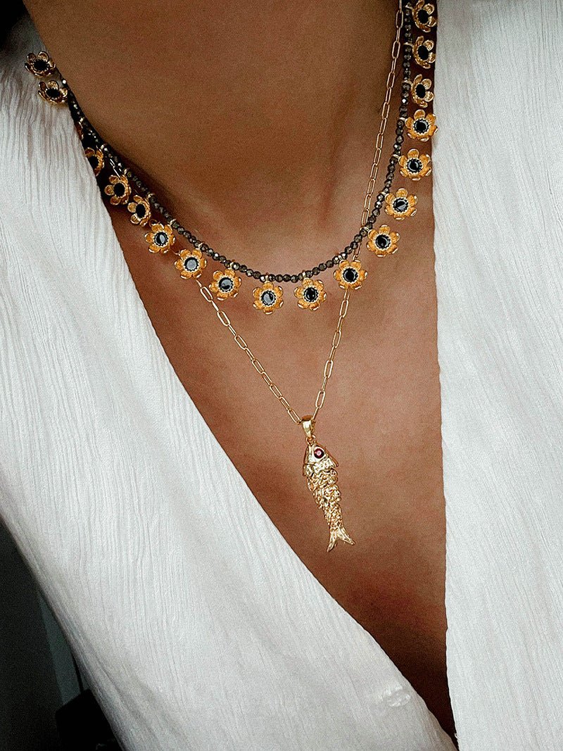 Monet’s Garden Necklace – Faceted Golden Ore or Gold Beads with Enamel Flower Pendants - floysun