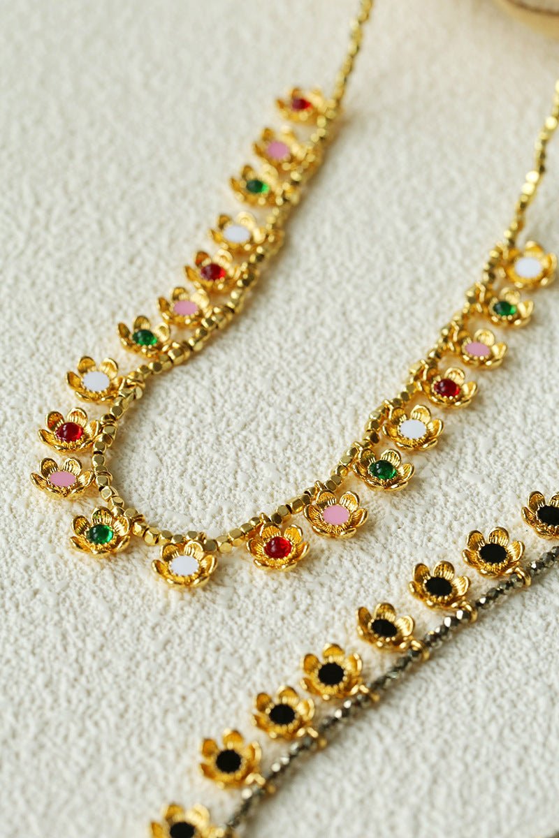 Monet’s Garden Necklace – Faceted Golden Ore or Gold Beads with Enamel Flower Pendants - floysun