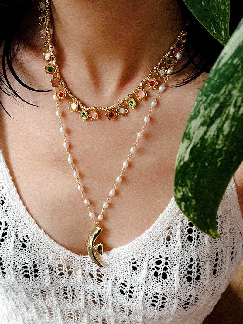 Monet’s Garden Necklace – Faceted Golden Ore or Gold Beads with Enamel Flower Pendants - floysun