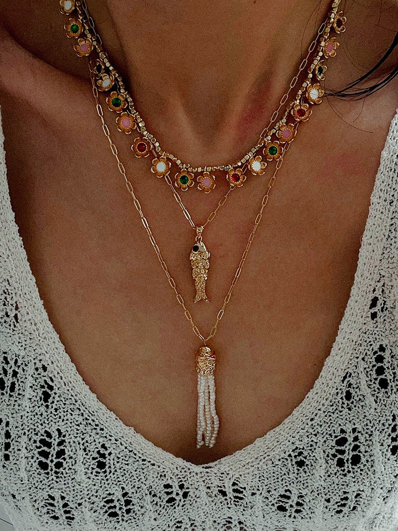 Monet’s Garden Necklace – Faceted Golden Ore or Gold Beads with Enamel Flower Pendants - floysun
