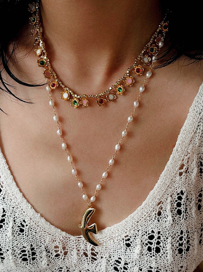 Monet’s Garden Necklace – Faceted Golden Ore or Gold Beads with Enamel Flower Pendants - floysun