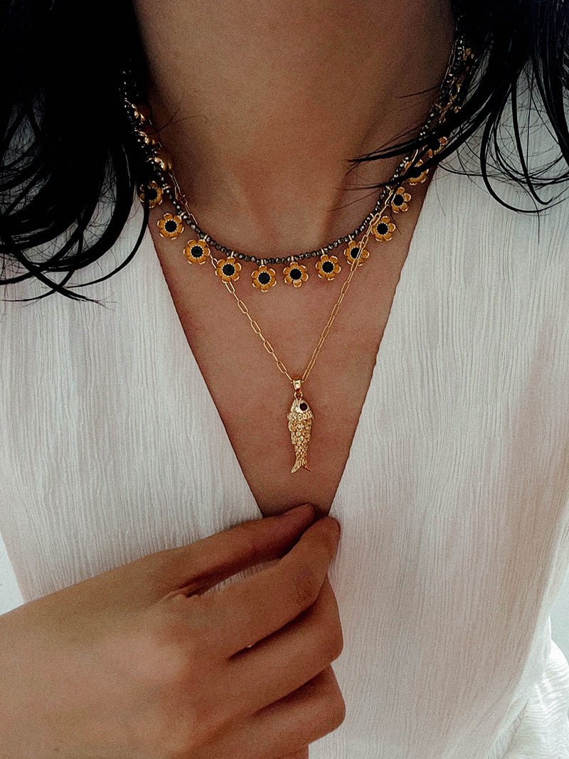 Monet’s Garden Necklace – Faceted Golden Ore or Gold Beads with Enamel Flower Pendants - floysun