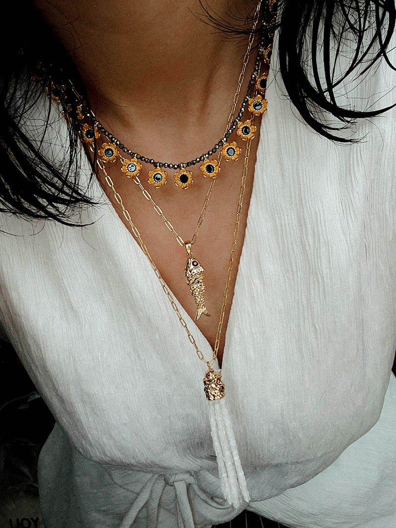 Monet’s Garden Necklace – Faceted Golden Ore or Gold Beads with Enamel Flower Pendants - floysun