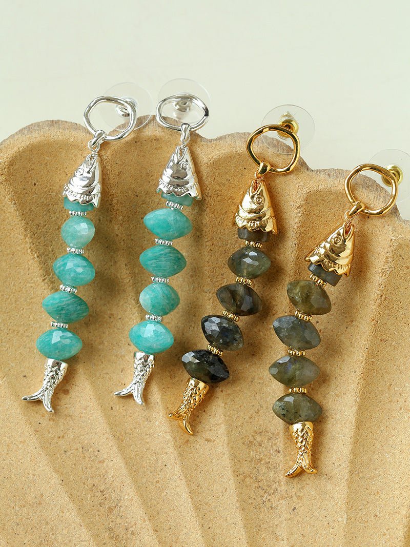 Moonlight Swimming Fish Earrings – Sparkling Stone / Aquamarine - floysun