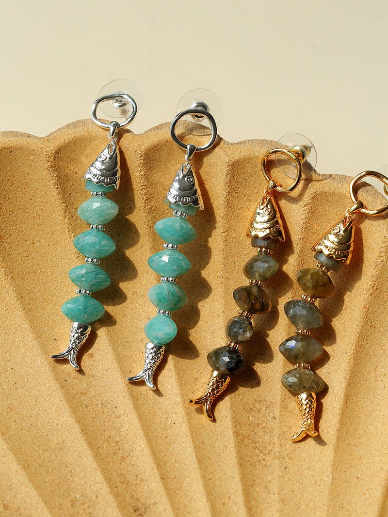 Moonlight Swimming Fish Earrings – Sparkling Stone / Aquamarine - floysun