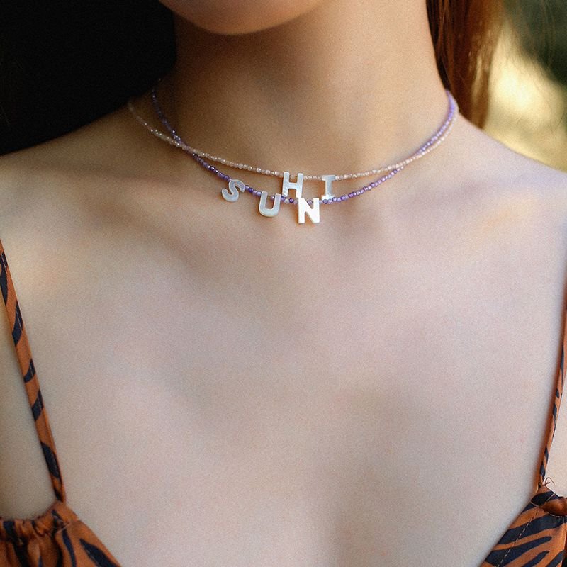 Mother - of - Pearl Alphabet Colorful Zircon Beaded Necklace - floysun