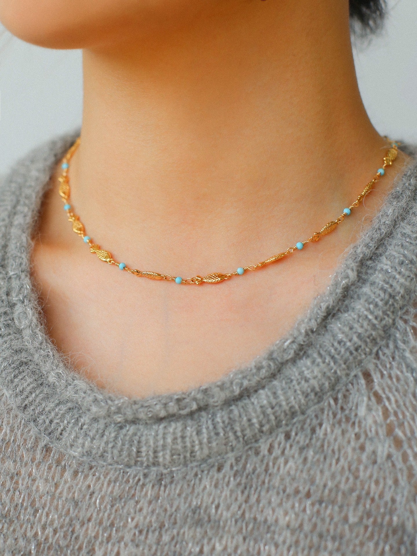 Multi - Fish Black Onyx & Blue Turquoise Necklace - floysun