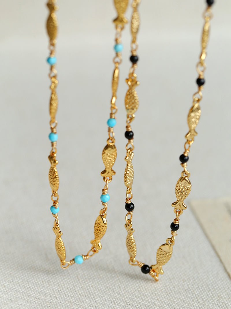 Multi - Fish Black Onyx & Blue Turquoise Necklace - floysun