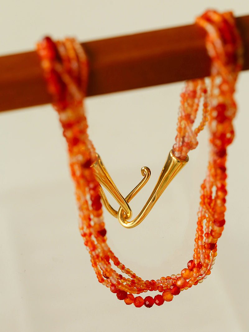 Multi - Layer Mixed Orange - Red Agate Beaded Necklace - floysun