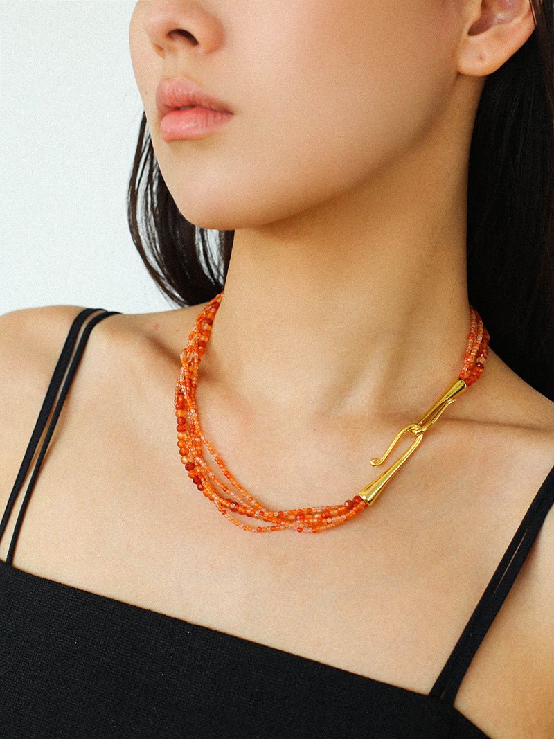 Multi - Layer Mixed Orange - Red Agate Beaded Necklace - floysun
