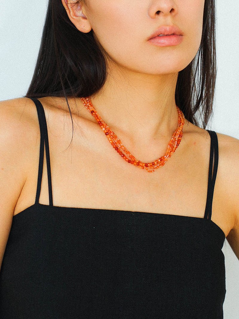 Multi - Layer Mixed Orange - Red Agate Beaded Necklace - floysun