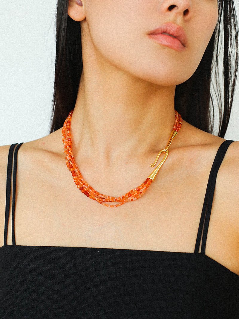 Multi - Layer Mixed Orange - Red Agate Beaded Necklace - floysun