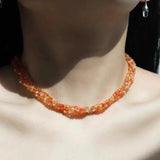Multi - Layer Mixed Orange - Red Agate Beaded Necklace - floysun