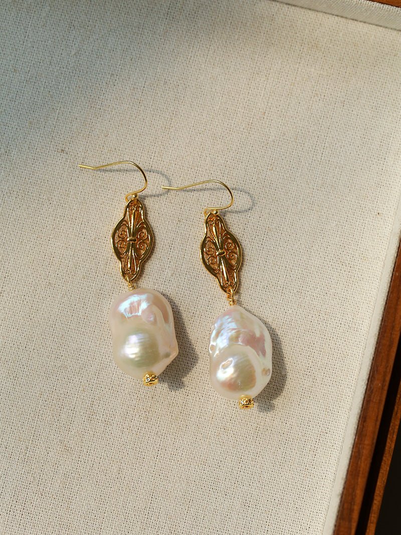 Natural Baroque Pearl Carved Hollow Flower Earrings - floysun