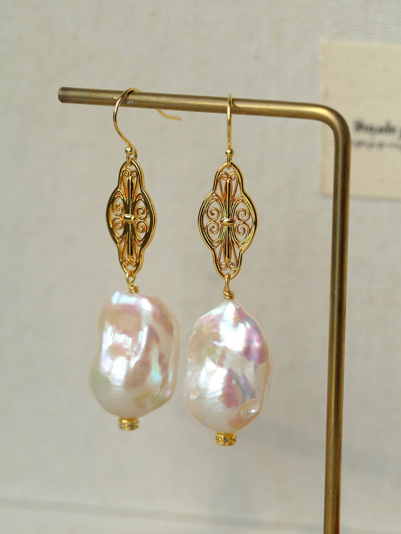 Natural Baroque Pearl Carved Hollow Flower Earrings - floysun