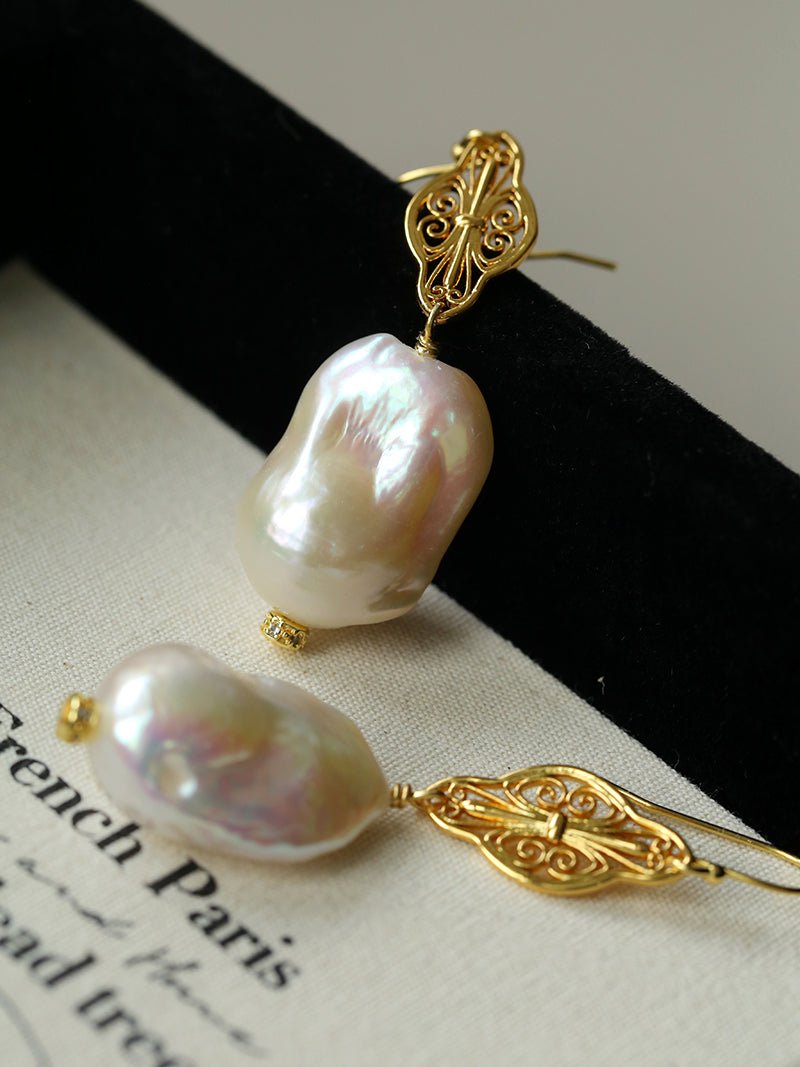 Natural Baroque Pearl Carved Hollow Flower Earrings - floysun