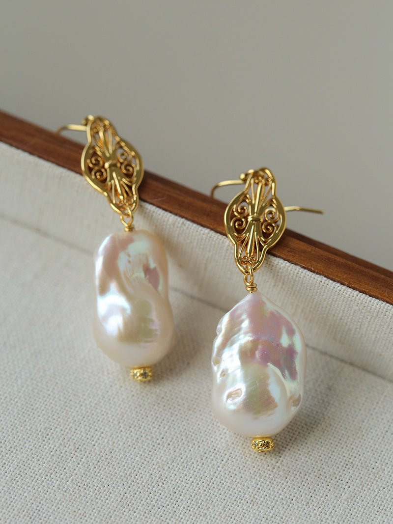 Natural Baroque Pearl Carved Hollow Flower Earrings - floysun