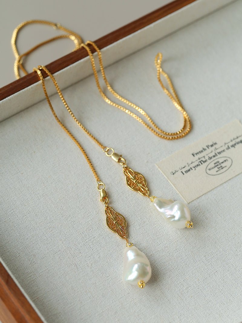 Natural Baroque Pearl Carved Hollow Flower Necklace - floysun