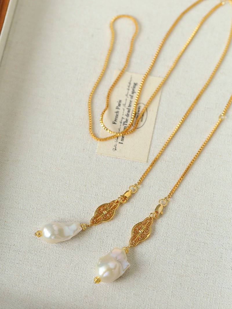 Natural Baroque Pearl Carved Hollow Flower Necklace - floysun