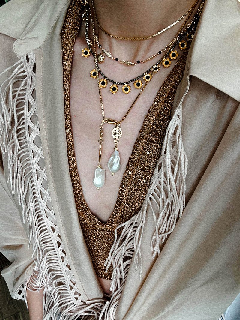 Natural Baroque Pearl Carved Hollow Flower Necklace - floysun
