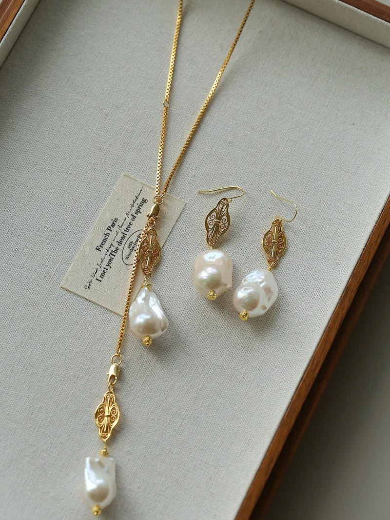 Natural Baroque Pearl Carved Hollow Flower Necklace - floysun
