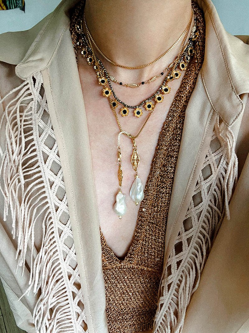 Natural Baroque Pearl Carved Hollow Flower Necklace - floysun