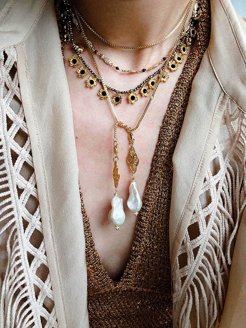 Natural Baroque Pearl Carved Hollow Flower Necklace - floysun