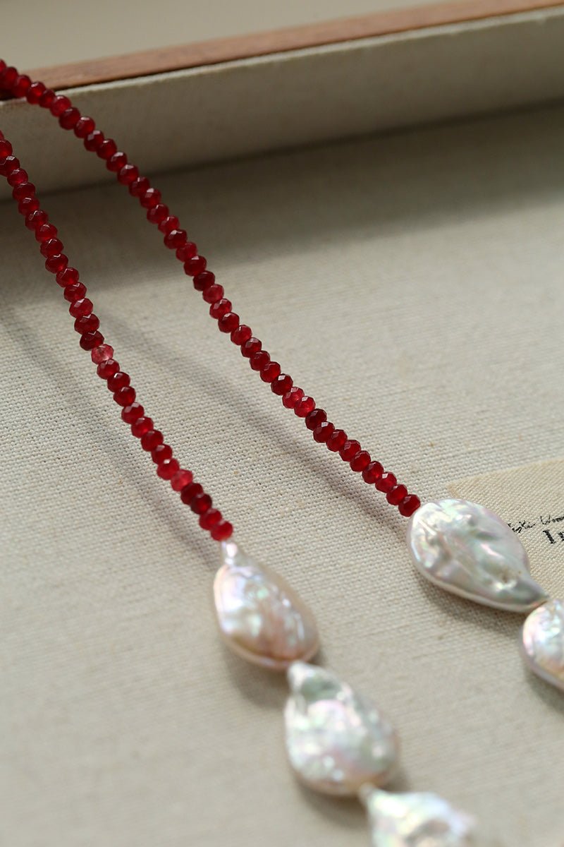 Natural Baroque Pearl & Red Garnet Necklace - floysun