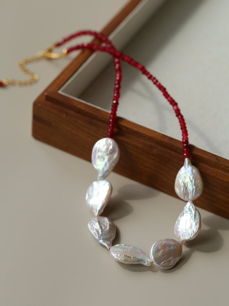 Natural Baroque Pearl & Red Garnet Necklace - floysun