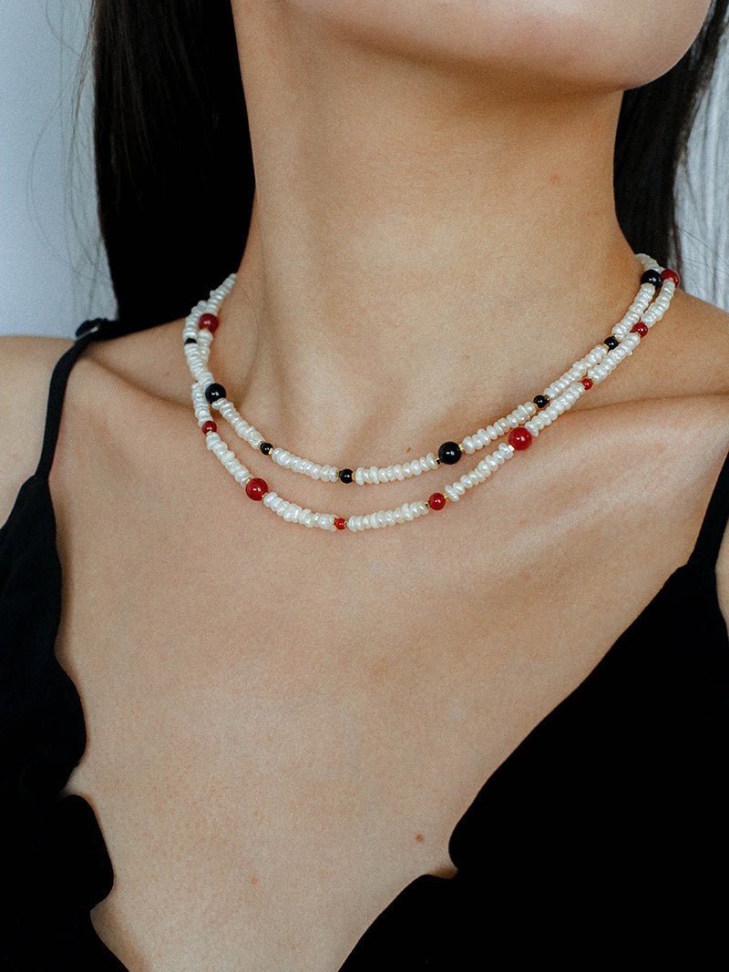 Natural Irregular Pearl & Gradient Agate Necklace - Black Onyx - floysun