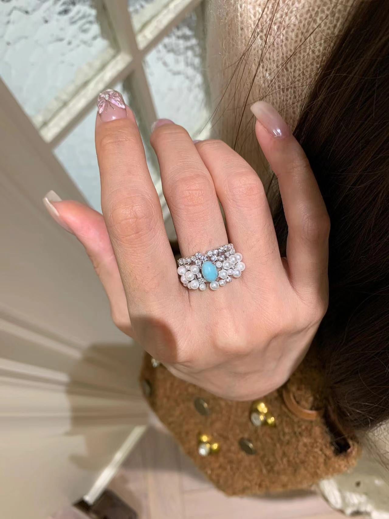 Natural Larimar & Swarovski Pearl Wide Band Ring - floysun