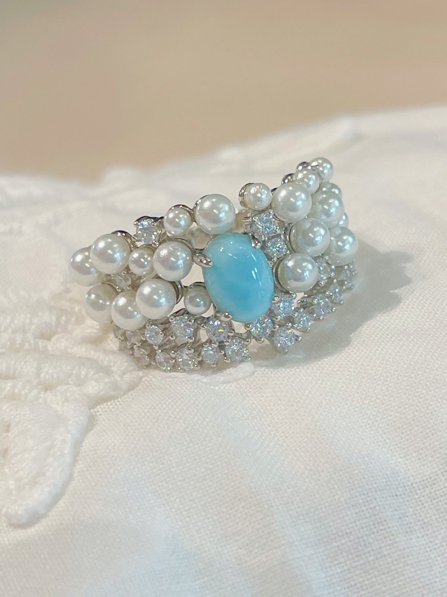 Natural Larimar & Swarovski Pearl Wide Band Ring - floysun