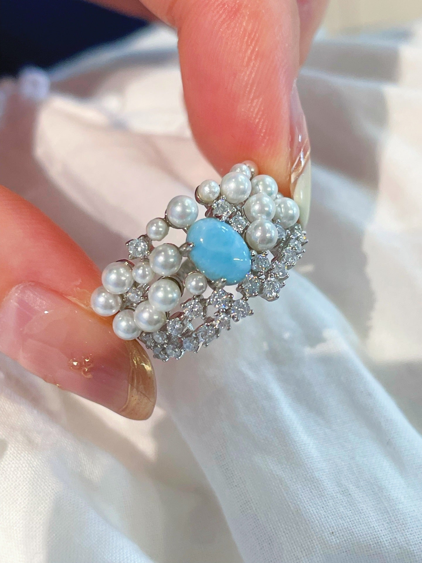 Natural Larimar & Swarovski Pearl Wide Band Ring - floysun
