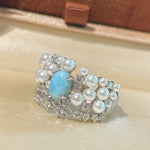 Natural Larimar & Swarovski Pearl Wide Band Ring - floysun
