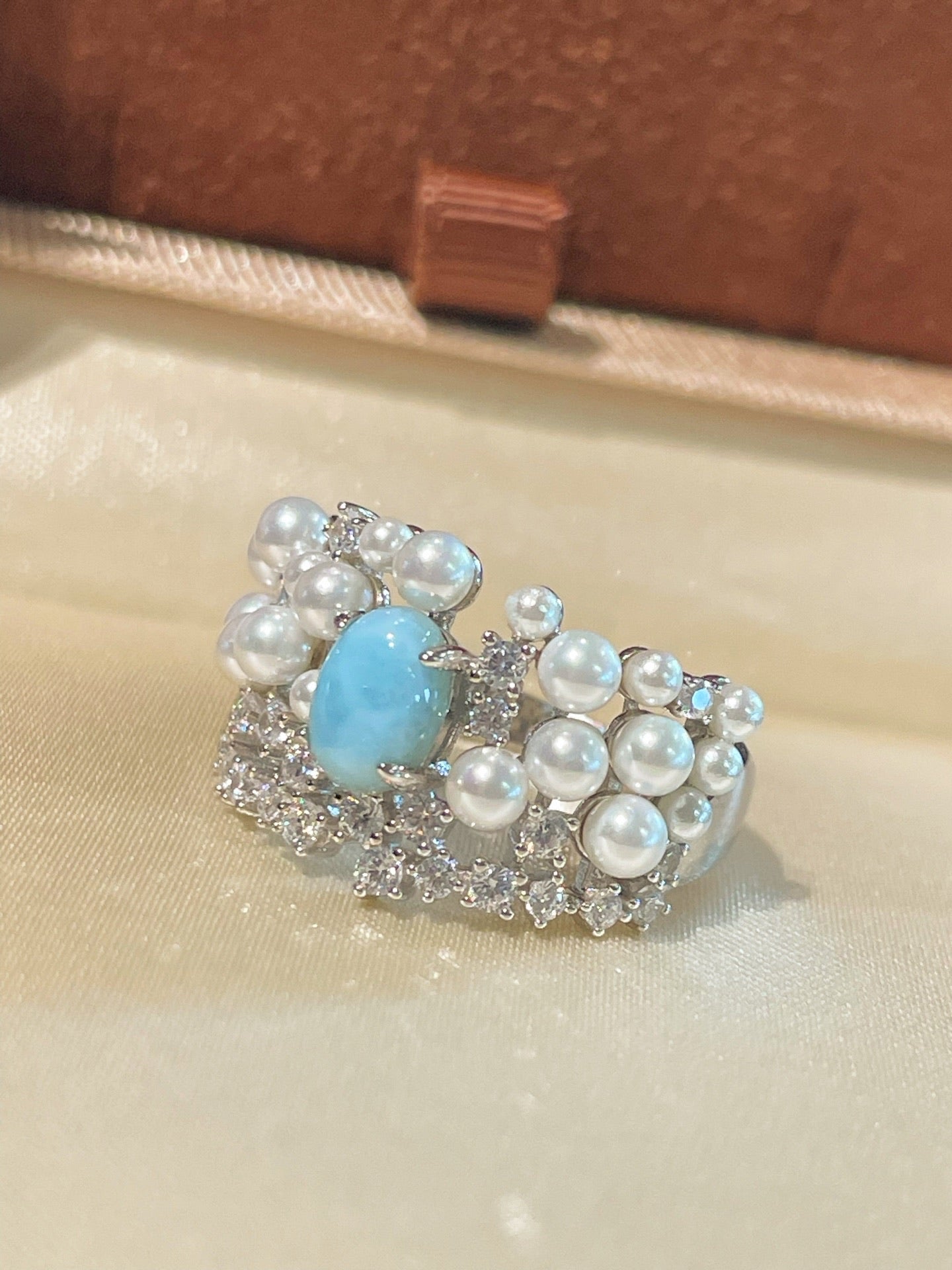 Natural Larimar & Swarovski Pearl Wide Band Ring - floysun