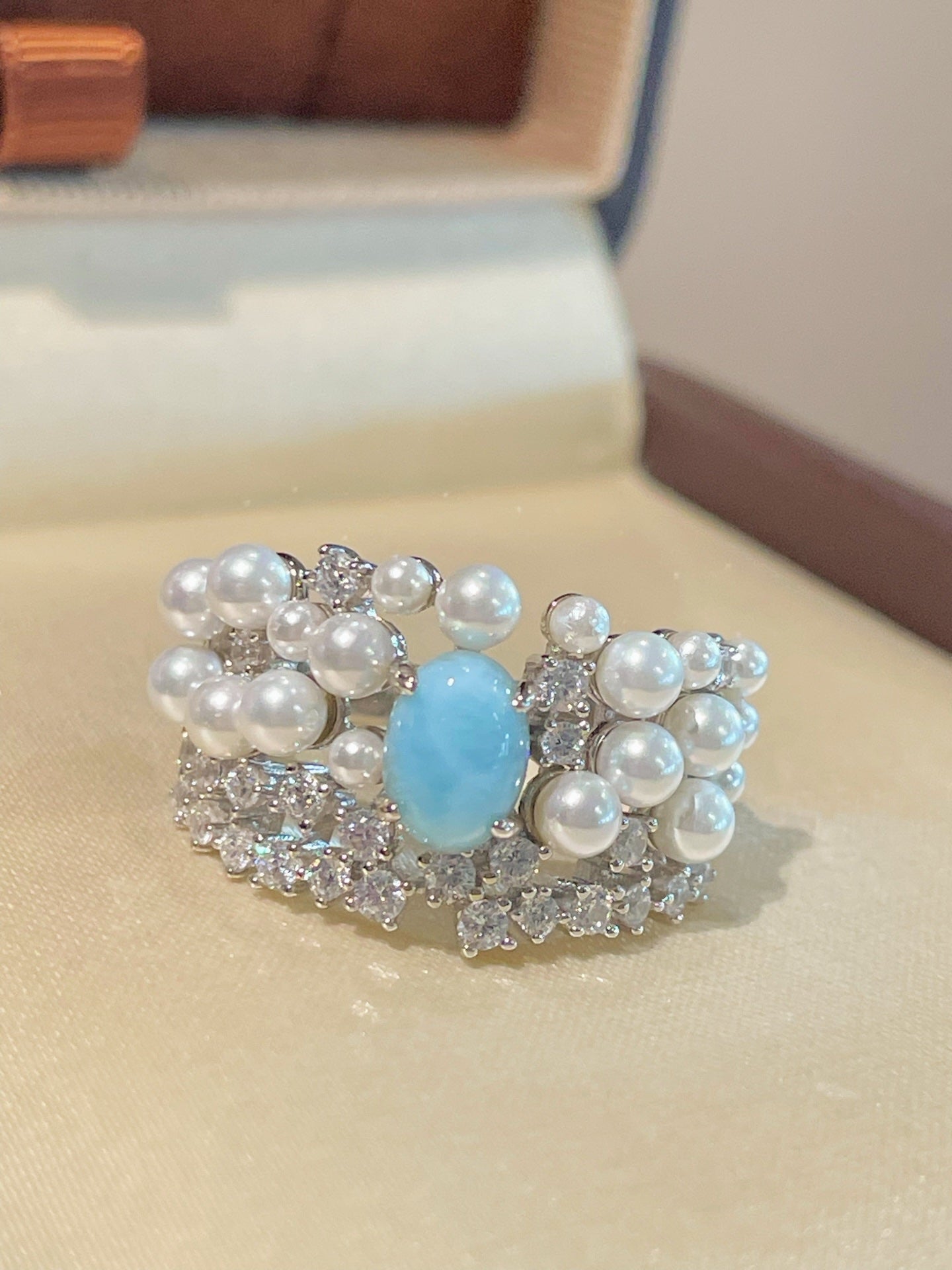 Natural Larimar & Swarovski Pearl Wide Band Ring - floysun