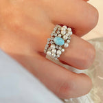 Natural Larimar & Swarovski Pearl Wide Band Ring - floysun