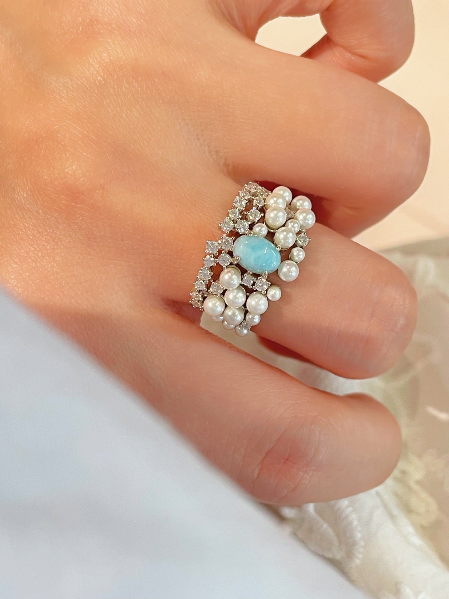 Natural Larimar & Swarovski Pearl Wide Band Ring - floysun