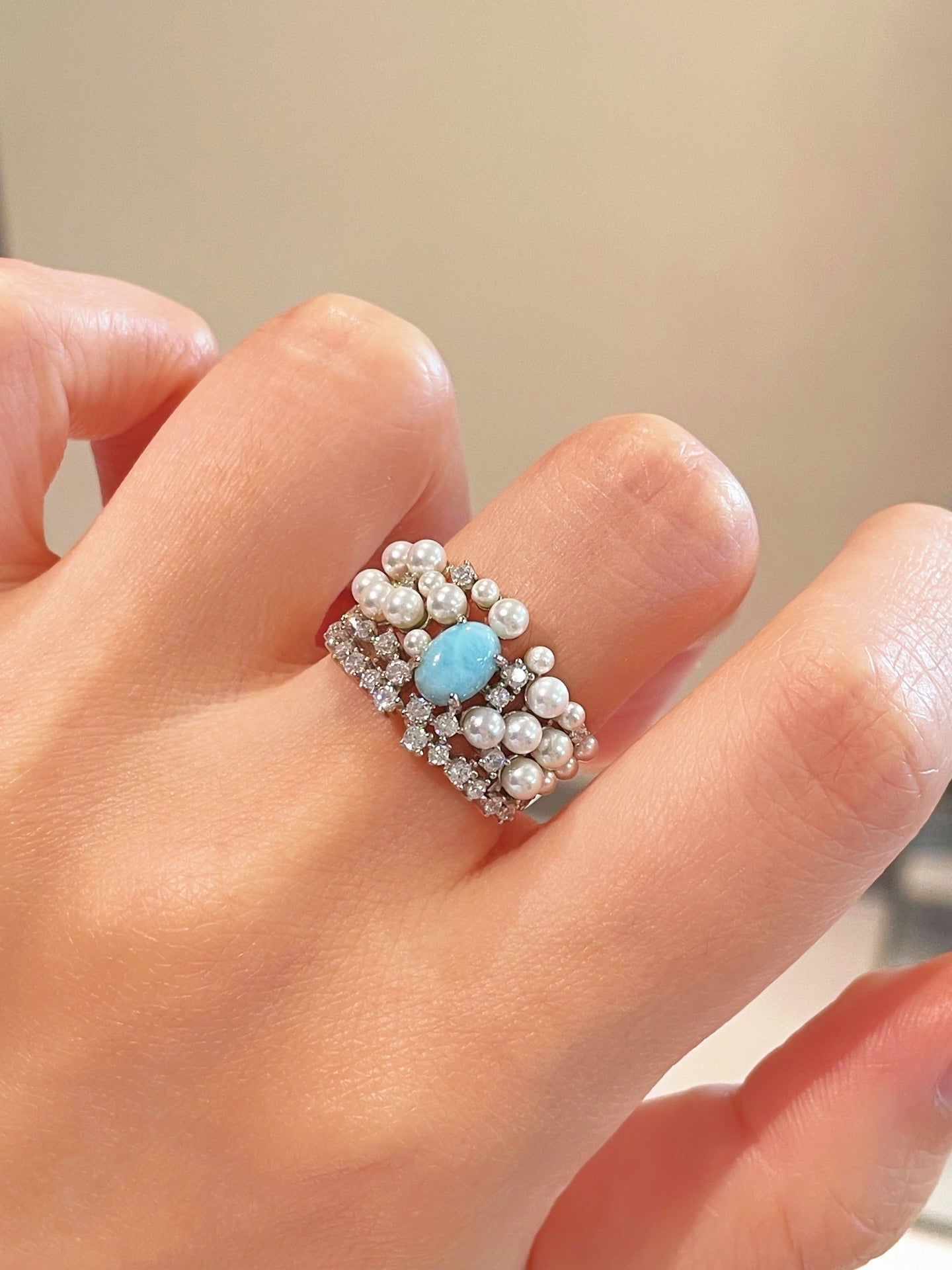 Natural Larimar & Swarovski Pearl Wide Band Ring - floysun