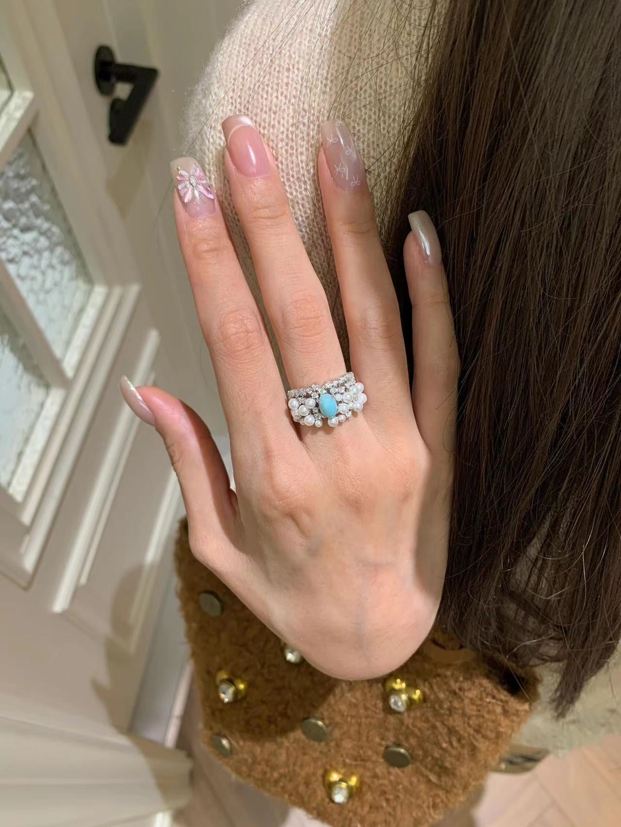 Natural Larimar & Swarovski Pearl Wide Band Ring - floysun