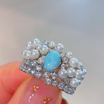Natural Larimar & Swarovski Pearl Wide Band Ring - floysun