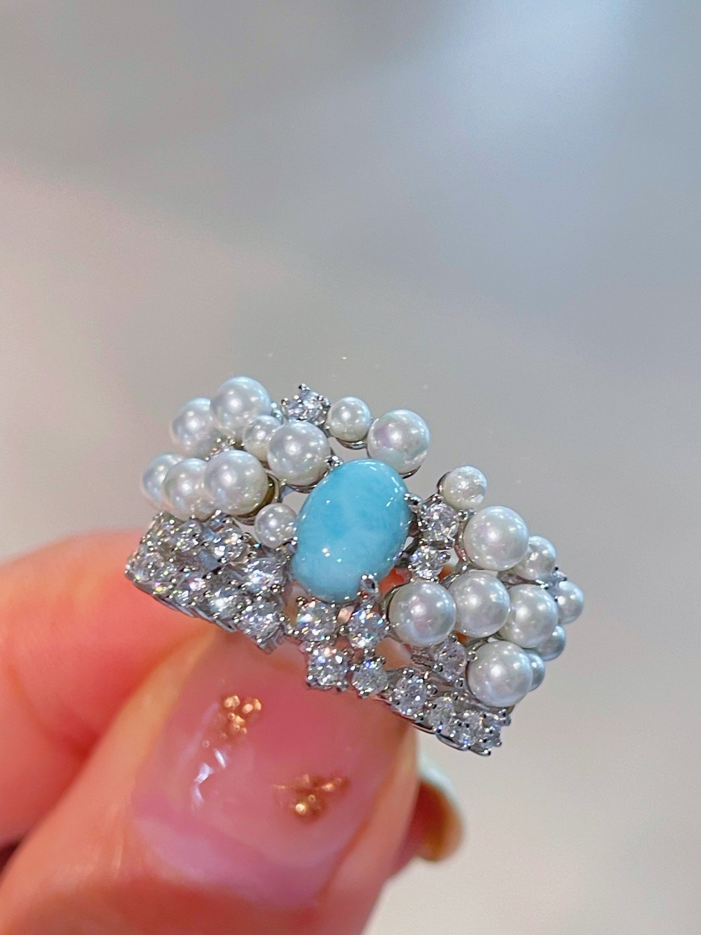 Natural Larimar & Swarovski Pearl Wide Band Ring - floysun