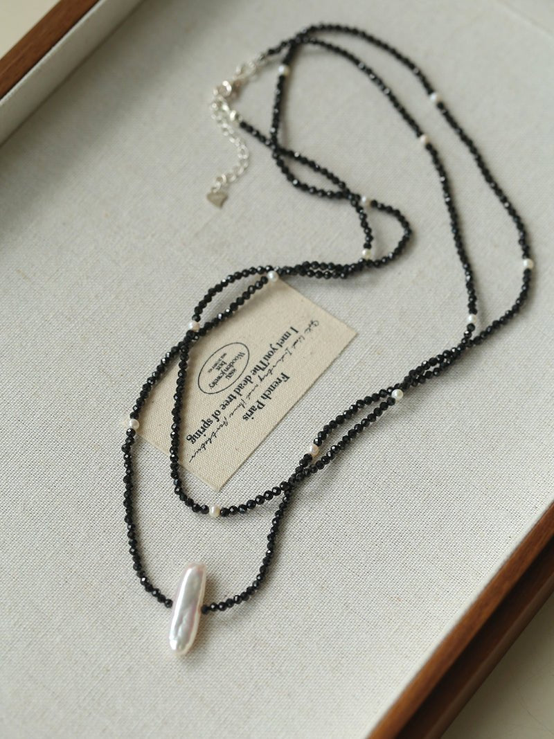 Natural Pearl & Black Spinel Beaded Long Necklace 925 Silver Accent - floysun