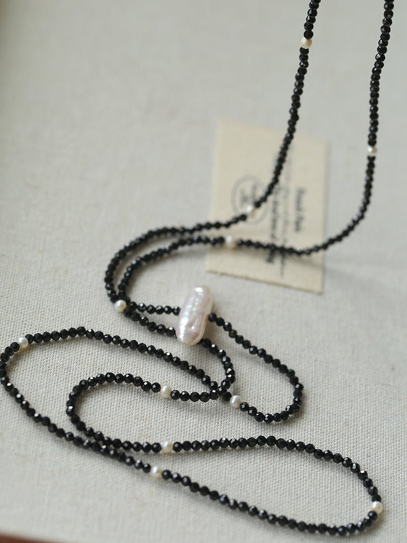 Natural Pearl & Black Spinel Beaded Long Necklace 925 Silver Accent - floysun